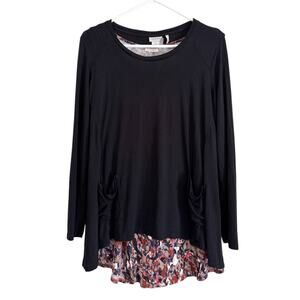 LOGO by Lori Goldstein Long Sleeve Blouse Layered Tank Top Black Patterned